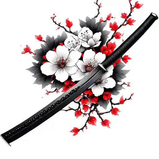 Japanese Katana With Cherry Blossoms And Red Details Intertwined