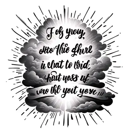 Half Chest Black And White Bible Verse Tattoo With Light And Clouds