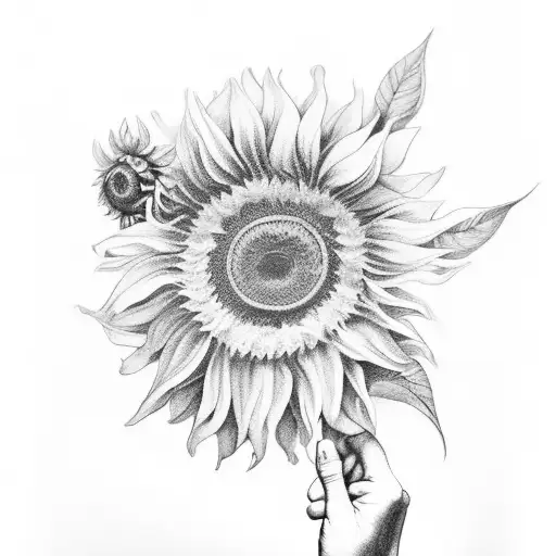 An Intricate Black And Grey Skeletal Hand Holding A Bouquet Of Sunflowers