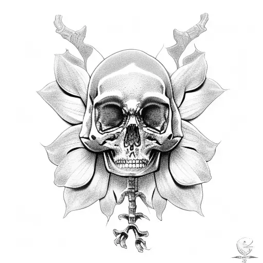 An Intricate Black And Grey Full Skeleton Kneeling Down Praying With Flowers Around It