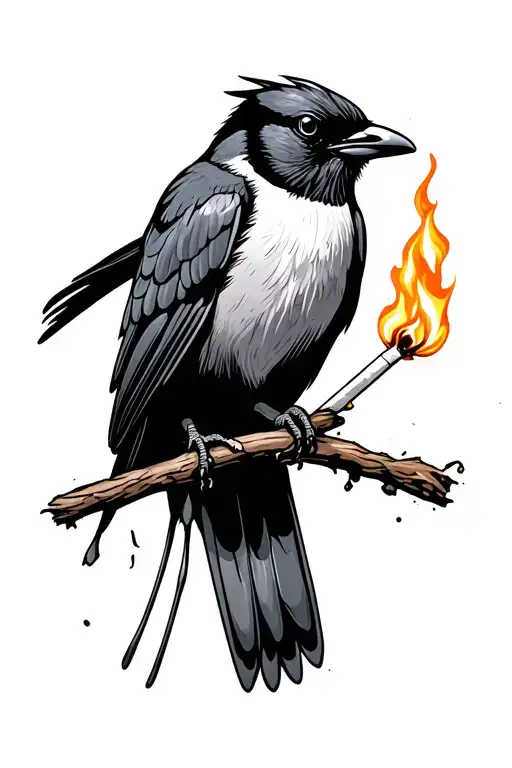 Magpie Holding Lit Match Stick With Fire Rising