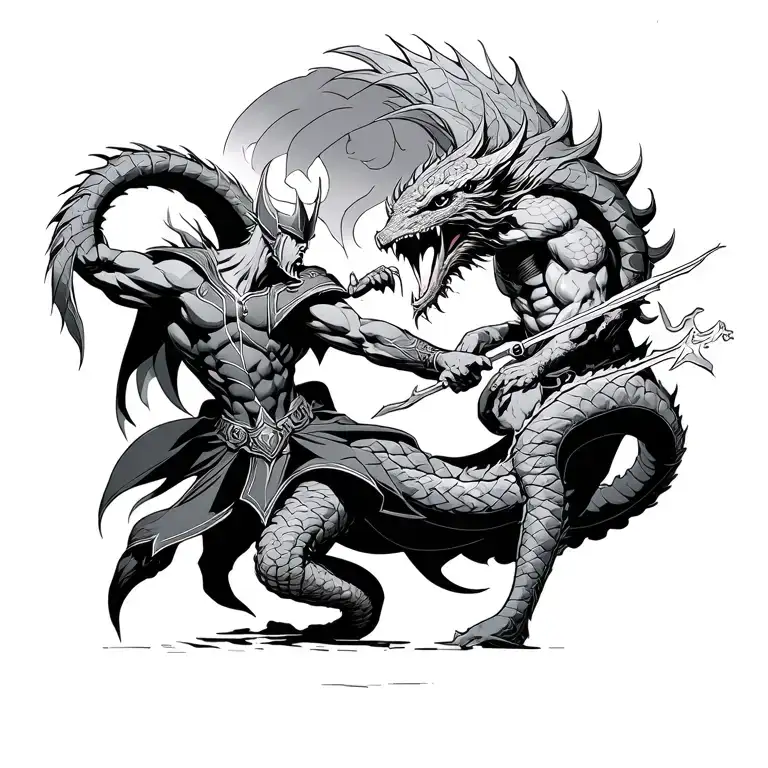 Image Of Thor And Jormungandr Fighting With Mjolnor Outlined