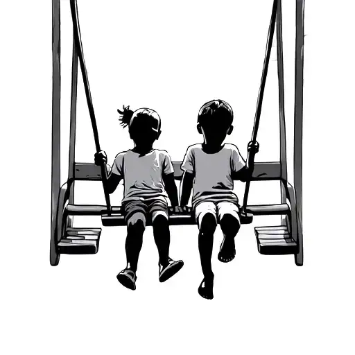 Kids Swinging At Park With Sunset