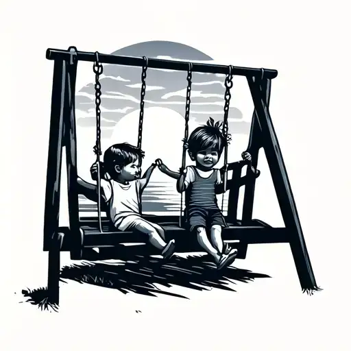 Kids Swinging On Swings At Park With Sunset