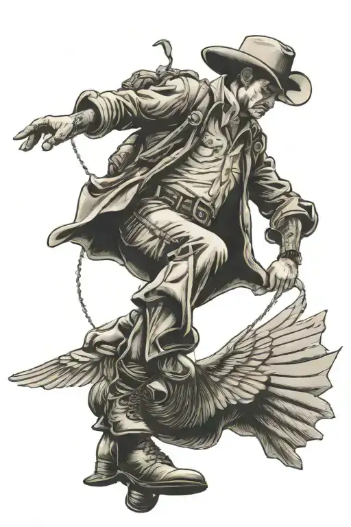 Cowboy Flying Down With A Parachute From Behind