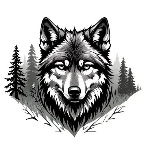 Lonely Wolf Hiding In A Forest Landscape