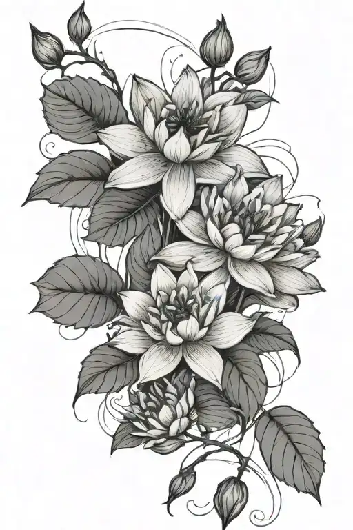 Delphiniums And Water Lily Flower And Water Lily Leaves Together Minimalist