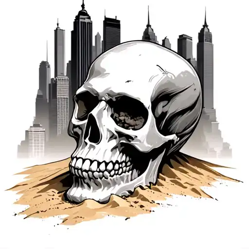 Skull In Sand With Distopian New York City In The Background