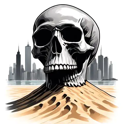 Skull In Sand With Distopian New York City In The Background