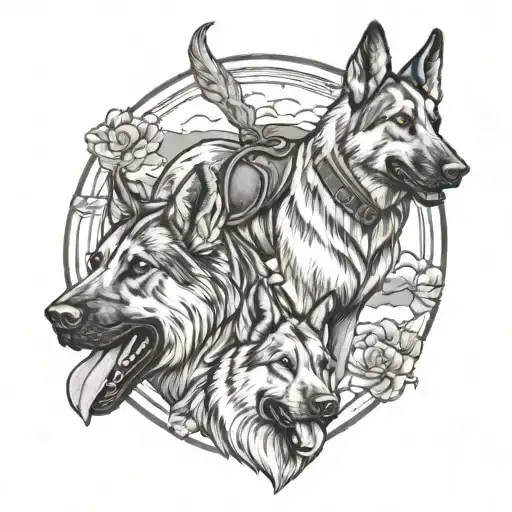 A Horse And Two German Shepherds