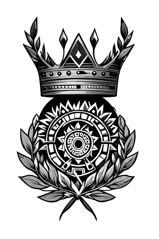 Generate A Crowned Laurel Wreath With Aztec Tribal Tattoo Surrounded It