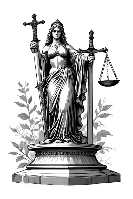 Lady Justice Standing On A Vintage Pillar With Sword And Scales