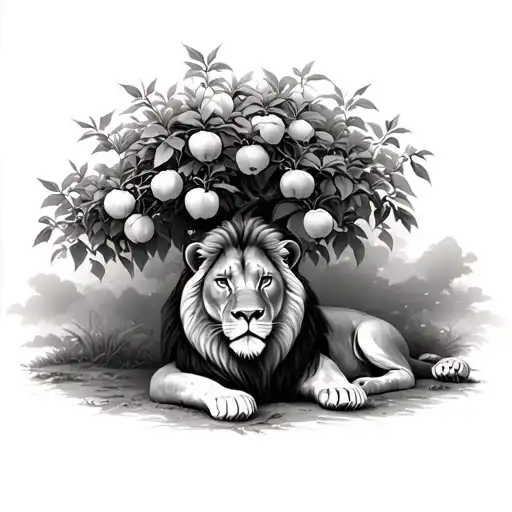 A Lion Laying Underneath A Peach Tree