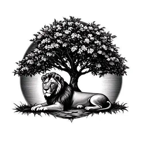 A Lion Laying Underneath A Peach Tree Realisitc With A Sun In The Background Tattoo