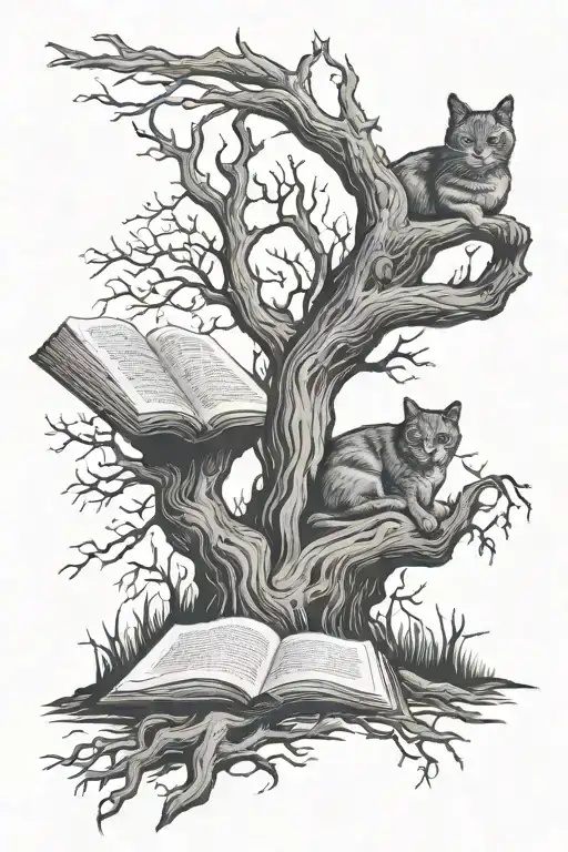 A Cat Reading A Book Under A Spooky Tree With Ghostly Apparitions