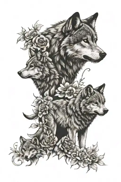 Wolf With Cubs And Flowers Coming