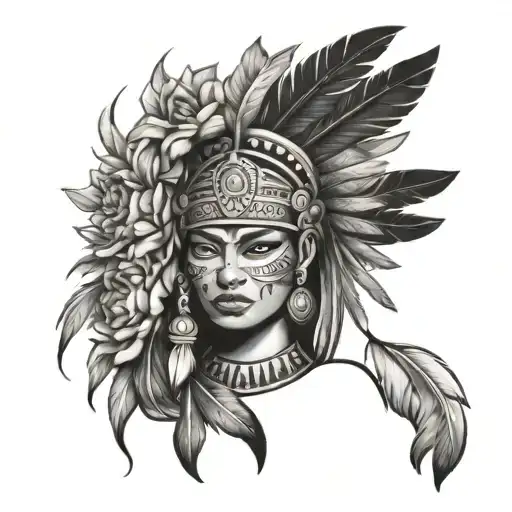 Aztec Warrior Woman With Feathers And Flowers