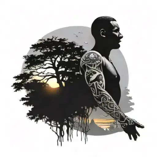 Neg Mawon Statute Surround By Trees And A Sunset