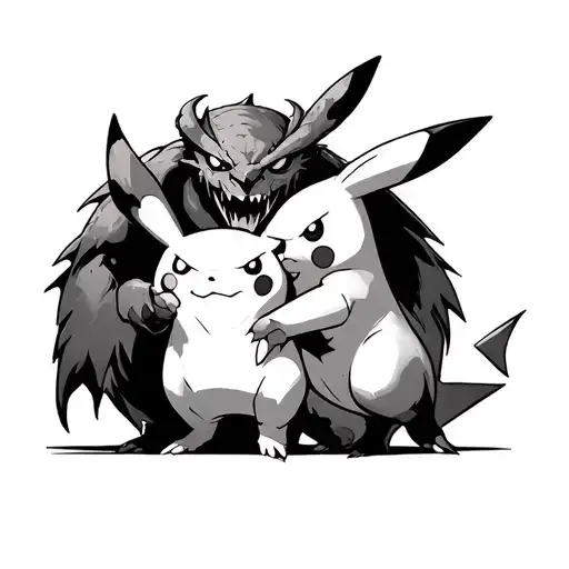 Pikachu Fighting A Demon In The Style Of Shawn Coss