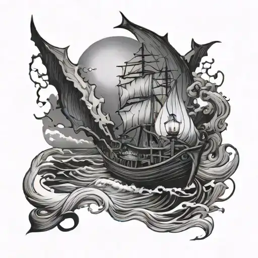 River Styx Surrounded By Darkness With The Small Boat Lit By A Lantern