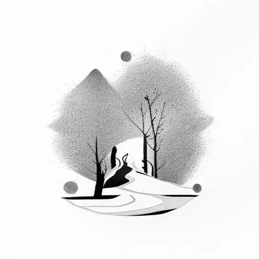 A Minimalist Design Of A Person Walking On A Path Through A Mountain Range
