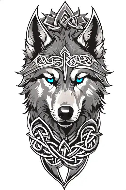 Wolf With Blue Eyes On Armor Tattoo Design Featuring Celtic Trinity Knot