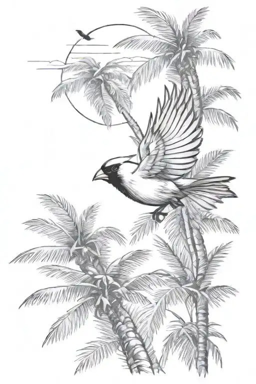 Cardinal Flying Towards Palm Tree
