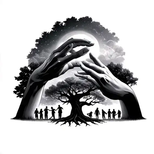 Creation Of Adam Hands Above A Tree With The Silhouettes Of A Family Under It