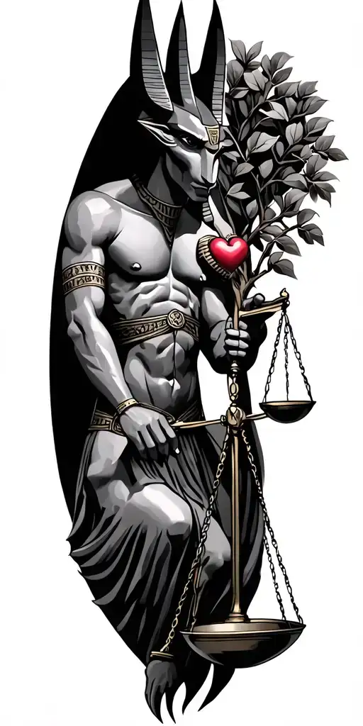 Anubis Holding The Balance Scale With Heart And The Tree Of Life