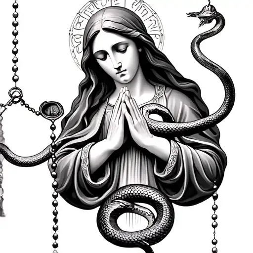 Virgin Mary Praying With Rosary With Snake Wrapped Around