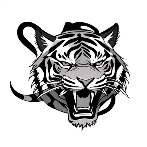 Fierce Tiger With Ninja Japanese Symbol Intertwined