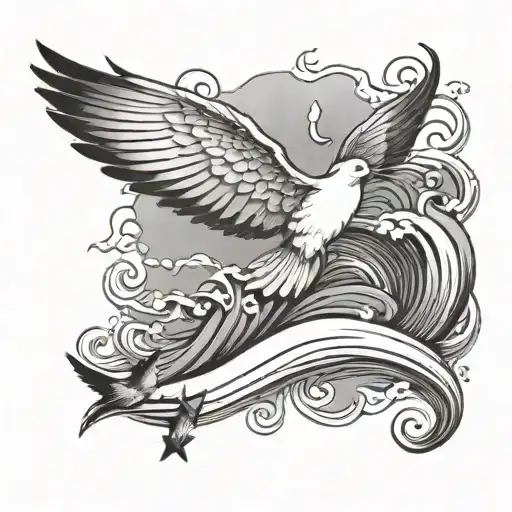 Wave Followed By Dove With Leaf Shaped Wing And Star On The Wave