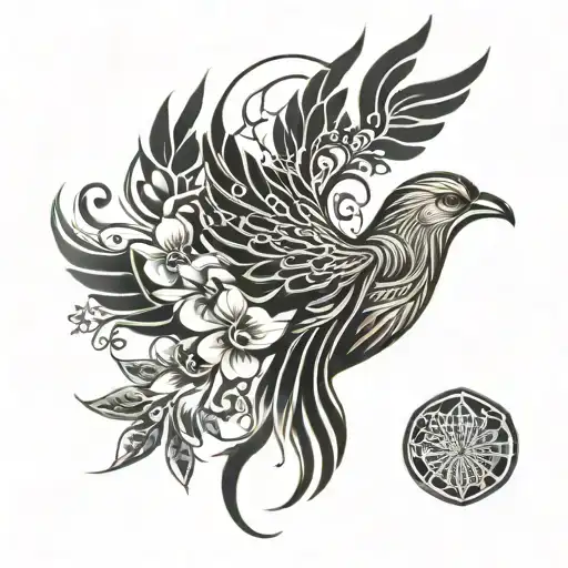 Phoenix With Floral Patterns And Geometric Negative Space