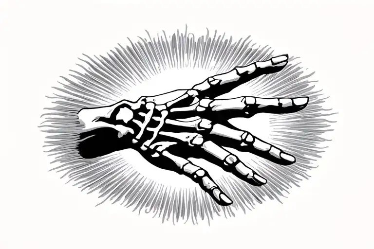 Skeleton Hand Touching Human Hand Reaching With Sun In Background Tattoo