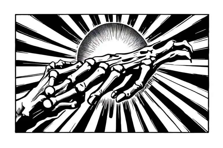 Skeleton Hand Reaching For Human Hand With Sun In Background Tattoo