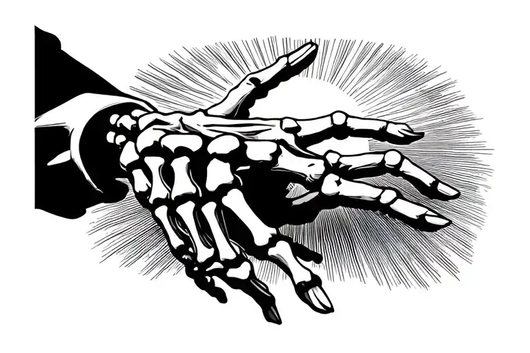 Skeleton Hand Reaching For Human Hand With Finger Tips Barely Tounching With Sun In Background Tattoo