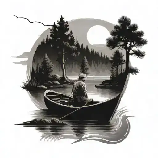 A Winding River Lined With Pine Trees Leaning Over The Water With An Old Man Fishing On A Jon Boat
