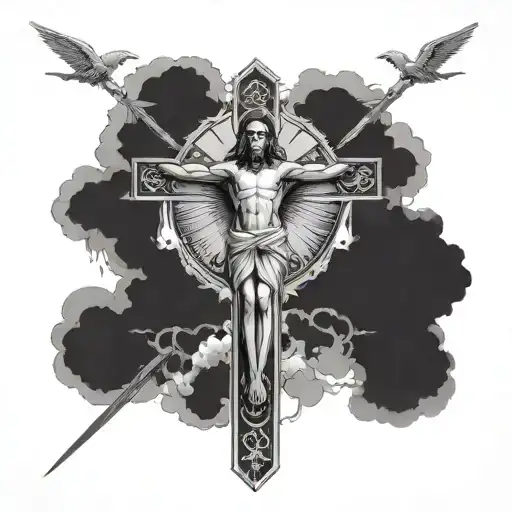 Jesus On The Cross With St Micheal On The Right And St Gabriel On The Left