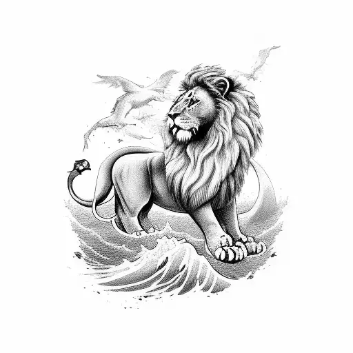 Lion In Background With White Doves Plus A Wave Underneath With A Fish Under The Wave And A Crab Tattoo