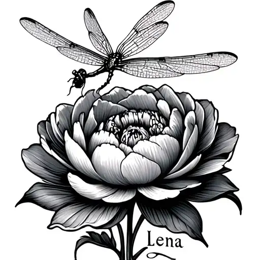 Fine Line Peony With Dragonfly And The Name Lena Interwoven In The Stem