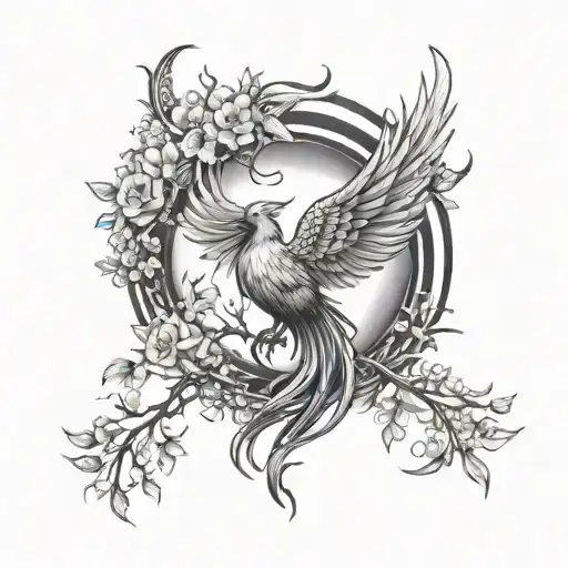 Phoenix And Flowers Intertwined With A Tree