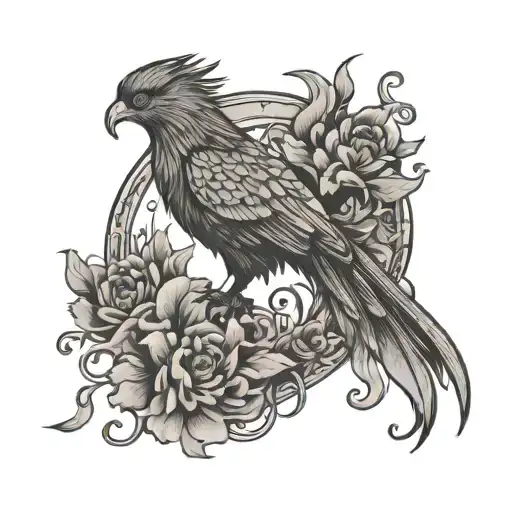 Phoenix And Flowers Intertwined With A Tree