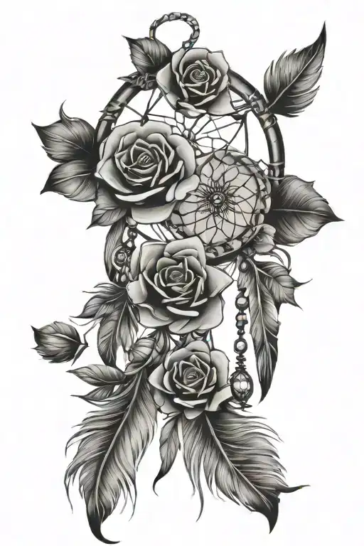 Dream Catcher With Feathers Falling And Roses And Lotus And Lies