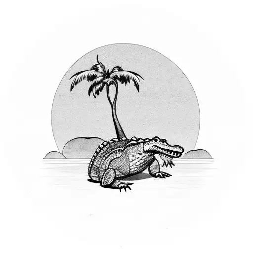 Alligator Climbing Down A Palm Tree