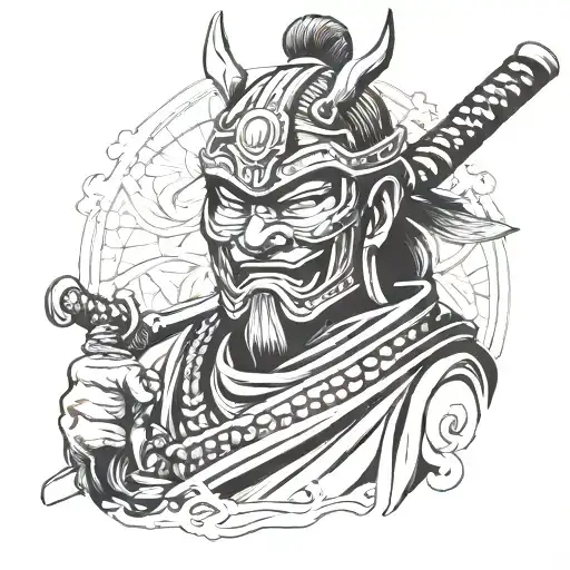 Samurai In A Mask With A Sword In His Teeth