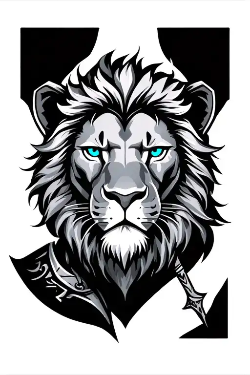 Lion Head With Blue Eyes With A Knight Below
