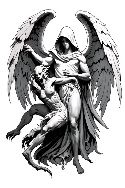Hooded Arch Angel Defeating A Demon