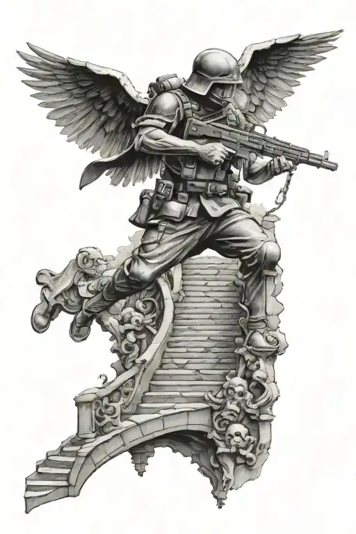 Soldier Torn Between Heaven And Hell On A Staircase