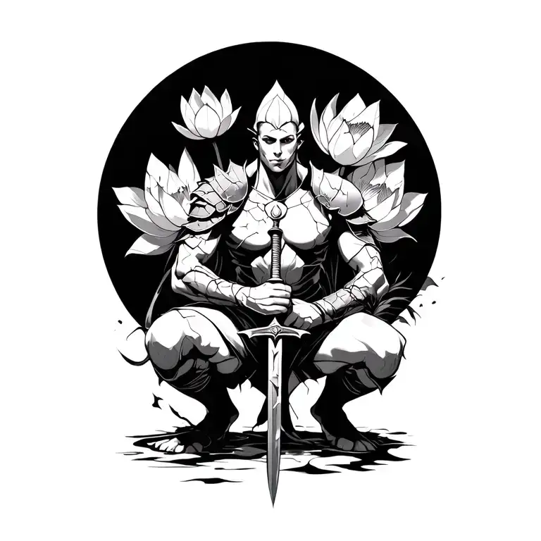 A Kneeling Warrior With Cracked Armor And A Broken Sword A Lotus Flower Blooming
