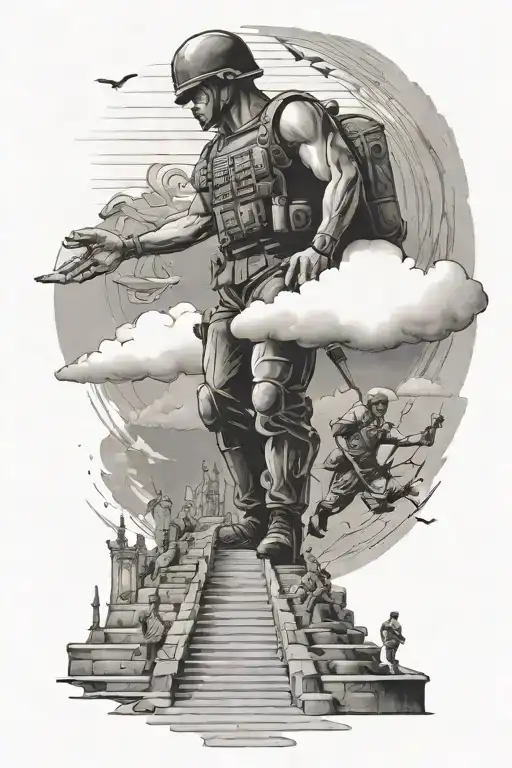 Hand Extending From Heaven Staircase To Soldier Walking Up It